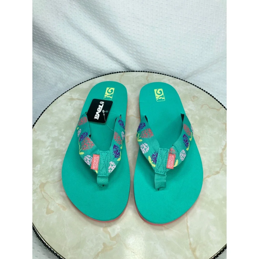 Teva Mush II Floral Embroidered Flip Flop Sandals Kids 6 Teal Green Summer Chic